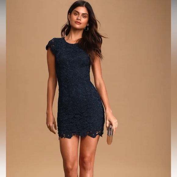 Lulus | Navy Blue Backless Lace Dress - Picture 1 of 6
